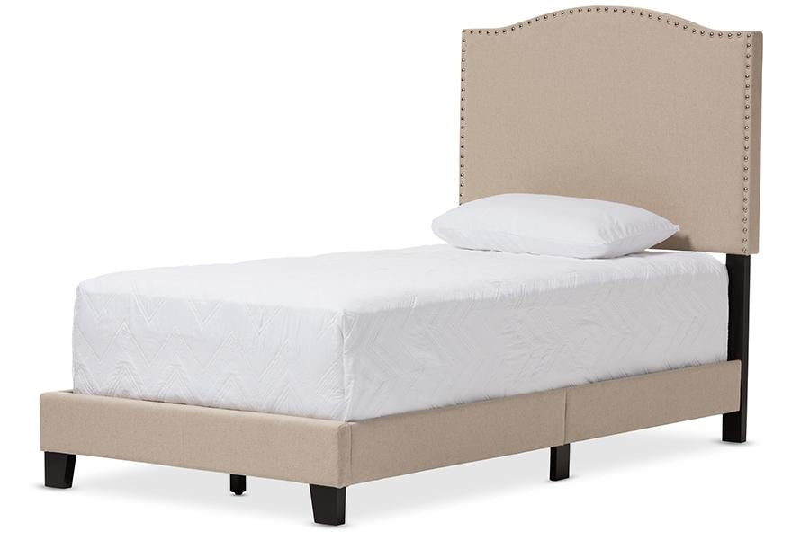 baxton studio benjamin modern and contemporary beige linen upholstered twin size arched bed with nail heads | Modish Furniture Store-2