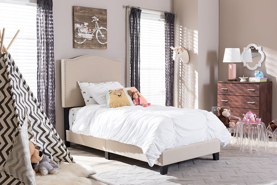 Baxton Studio Benjamin Modern and Contemporary Beige Linen Upholstered Twin Size Arched Bed with Nail Heads | Modishstore | Beds