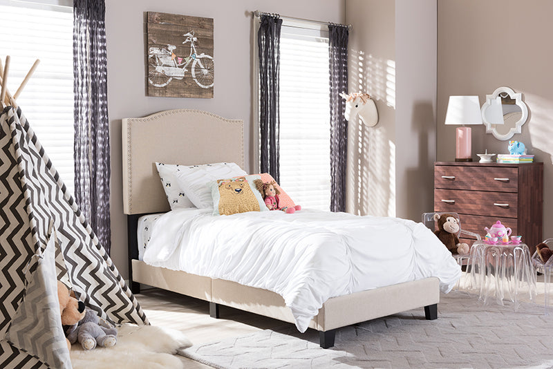 Baxton Studio Benjamin Modern and Contemporary Beige Linen Upholstered Twin Size Arched Bed with Nail Heads | Modishstore | Beds