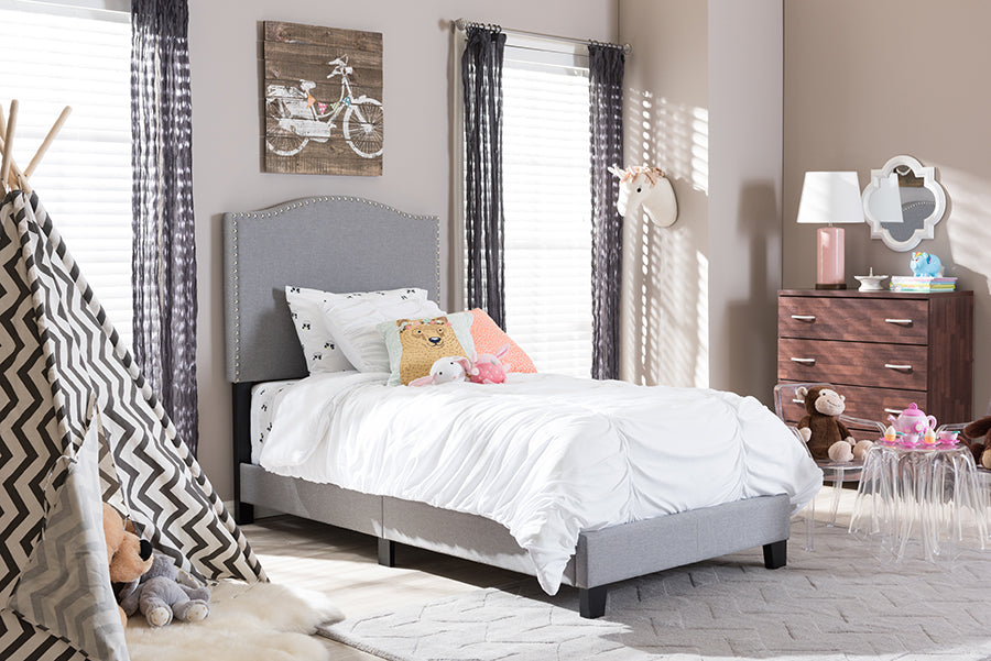 Baxton Studio Benjamin Modern and Contemporary Grey Fabric Upholstered Twin Size Arched Bed with Nail Heads | Modishstore | Beds