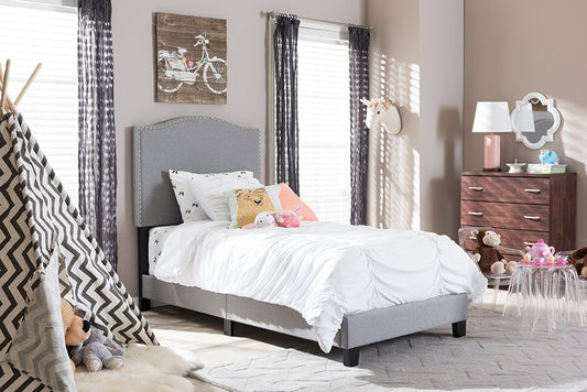 Baxton Studio Benjamin Modern and Contemporary Grey Fabric Upholstered Twin Size Arched Bed with Nail Heads | Modishstore | Beds
