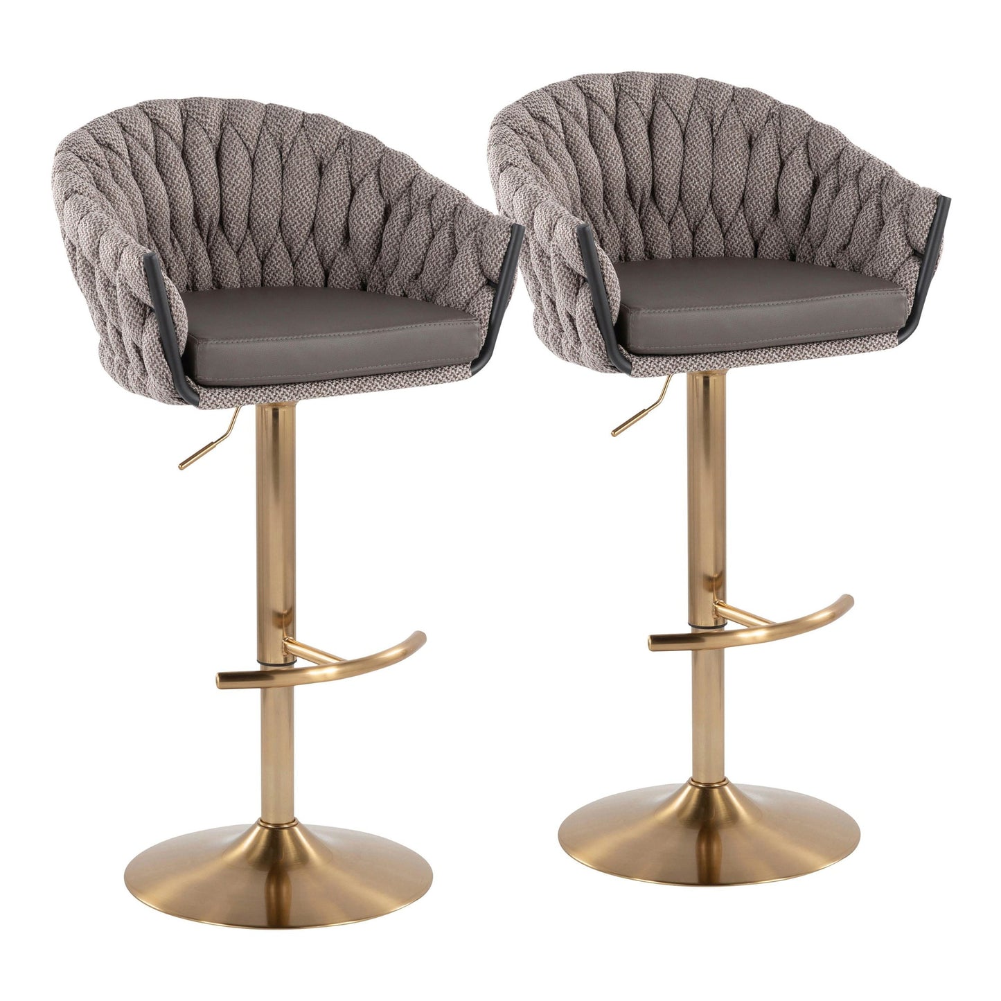 Braided Matisse Contemporary Adjustable Bar Stool in Gold Steel with Rounded T Footrest and Grey Fabric with Grey Faux Leather Seat By LumiSource - Set of 2 | Bar Stools | Modishstore