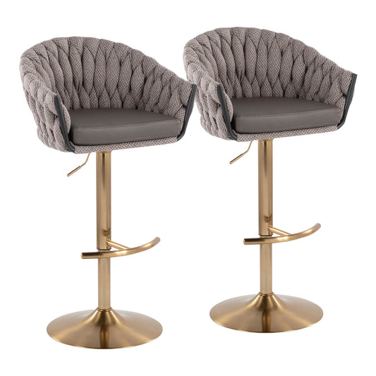 Braided Matisse Contemporary Adjustable Bar Stool in Gold Steel with Rounded T Footrest and Grey Fabric with Grey Faux Leather Seat By LumiSource - Set of 2 | Bar Stools | Modishstore