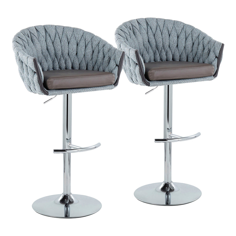 Braided Matisse Contemporary Adjustable Bar Stool in Chrome with Rounded T Footrest and Grey Fabric with Grey Faux Leather Seat By LumiSource - Set of 2 | Bar Stools | Modishstore - 8