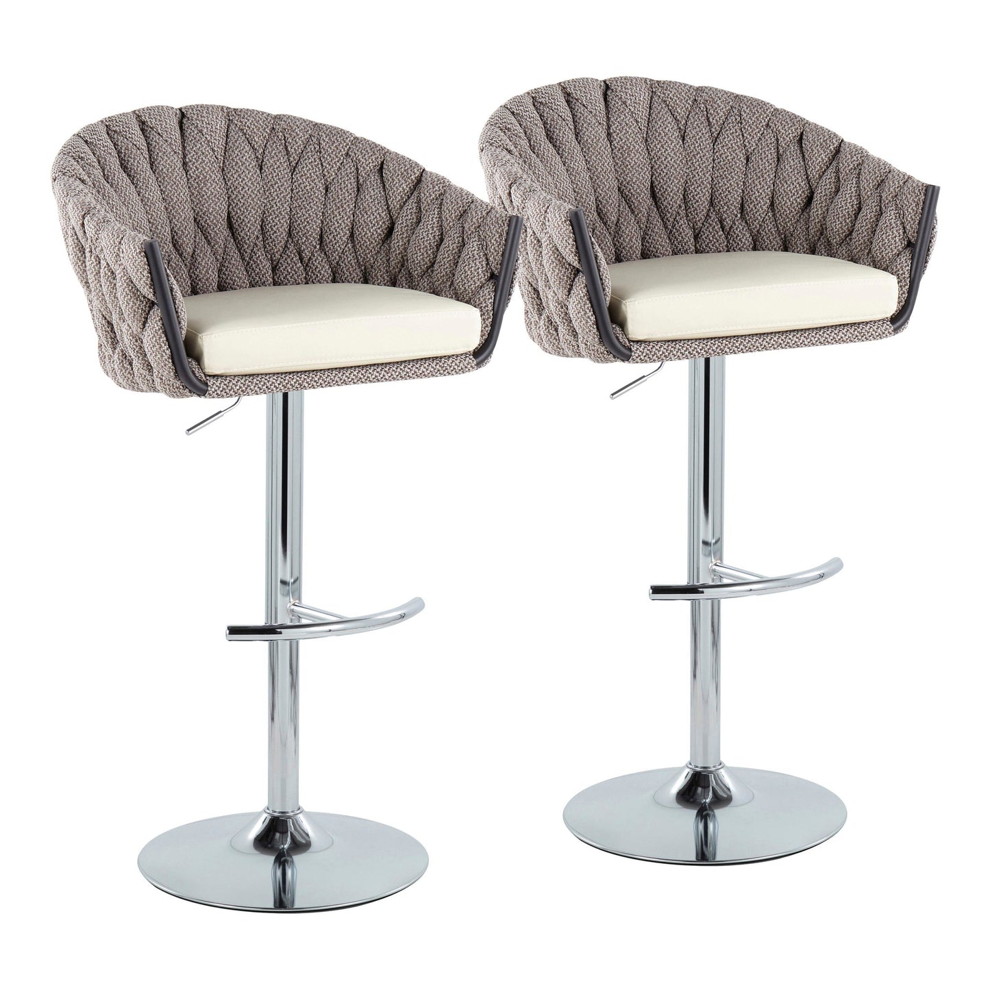 Braided Matisse Contemporary Adjustable Bar Stool in Chrome with Rounded T Footrest and Grey Fabric with Grey Faux Leather Seat By LumiSource - Set of 2 | Bar Stools | Modishstore - 15