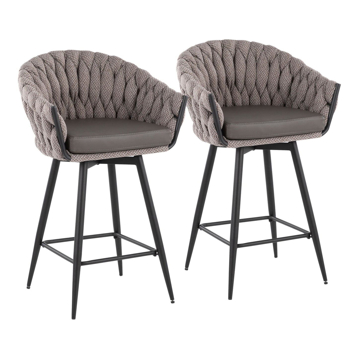 Braided Matisse Contemporary Counter Stool in Black Steel with Grey Fabric and Grey Faux Leather By LumiSource - Set of 2 | Counter Stools | Modishstore - 2