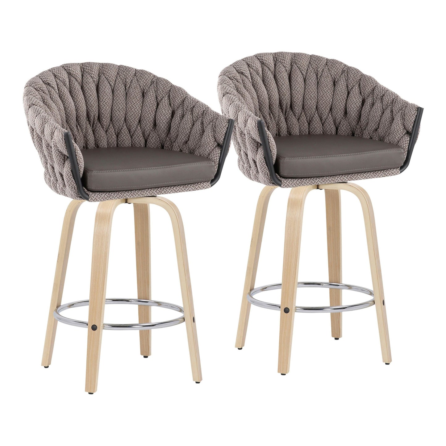 Braided Matisse Contemporary Fixed-Height Counter Stool with Natural Wood Legs and Round Chrome Footrest with Grey Fabric and Grey Faux Leather By LumiSource - Set of 2 | Counter Stools | Modishstore