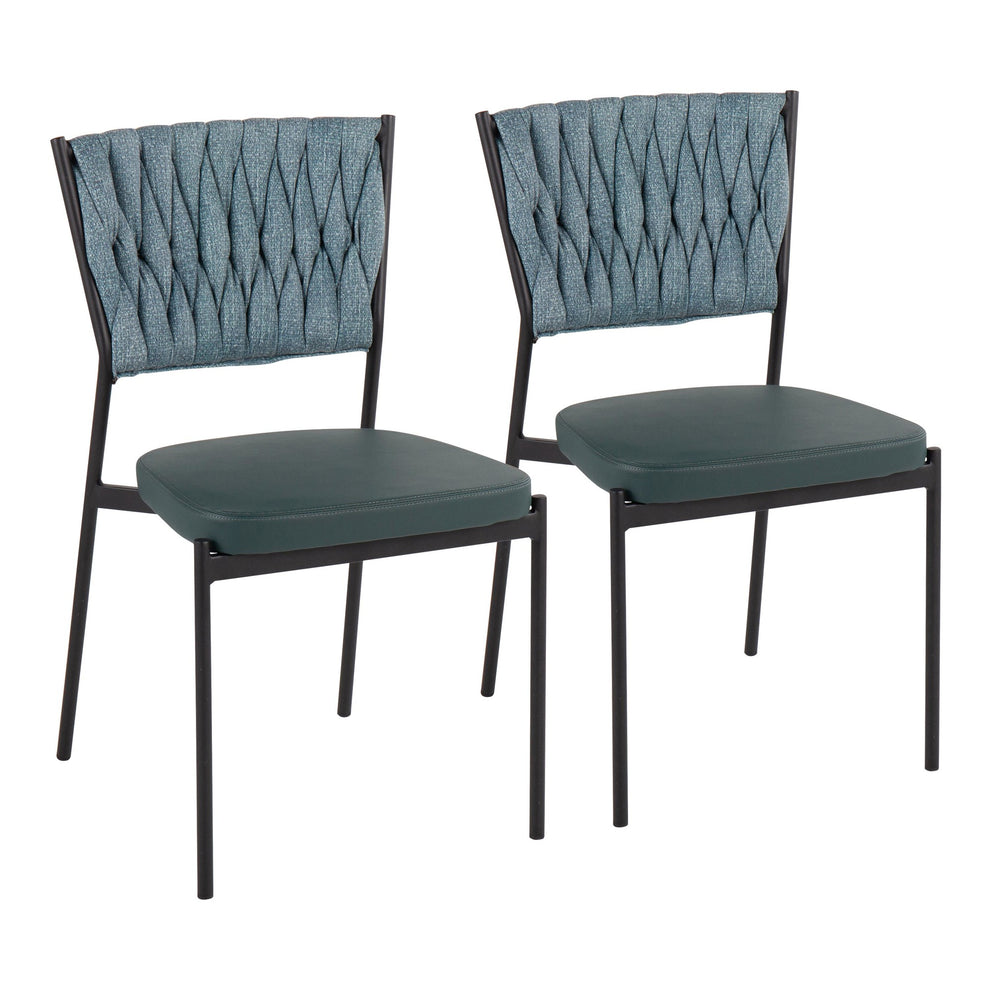 Braided Tania Contemporary Chair in Black Metal, Green Faux Leather, and Sea Green Fabric By LumiSource - Set of 2 | Dining Chairs | Modishstore