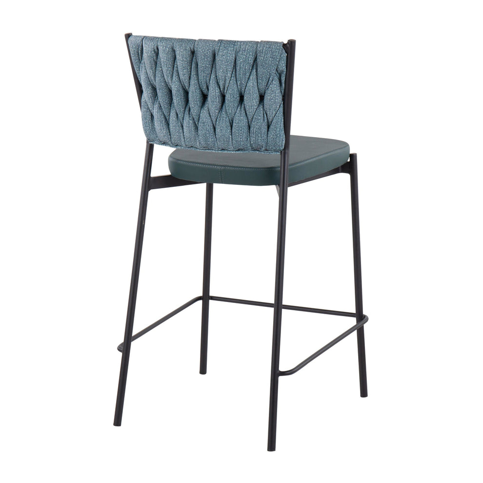 Braided Tania Contemporary Counter Stool in Black Metal, Green Faux Leather, and Sea Green Fabric By LumiSource - Set of 2 | Counter Stools | Modishstore - 9
