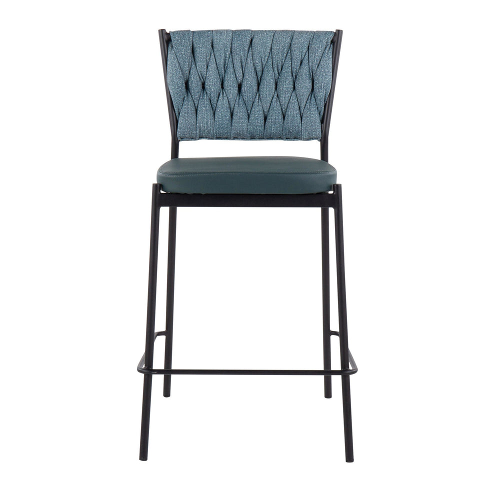 Braided Tania Contemporary Counter Stool in Black Metal, Green Faux Leather, and Sea Green Fabric By LumiSource - Set of 2 | Counter Stools | Modishstore - 3