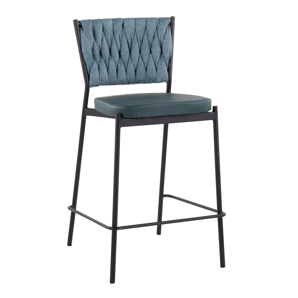 Braided Tania Contemporary Counter Stool in Black Metal, Green Faux Leather, and Sea Green Fabric By LumiSource - Set of 2 | Counter Stools | Modishstore - 7