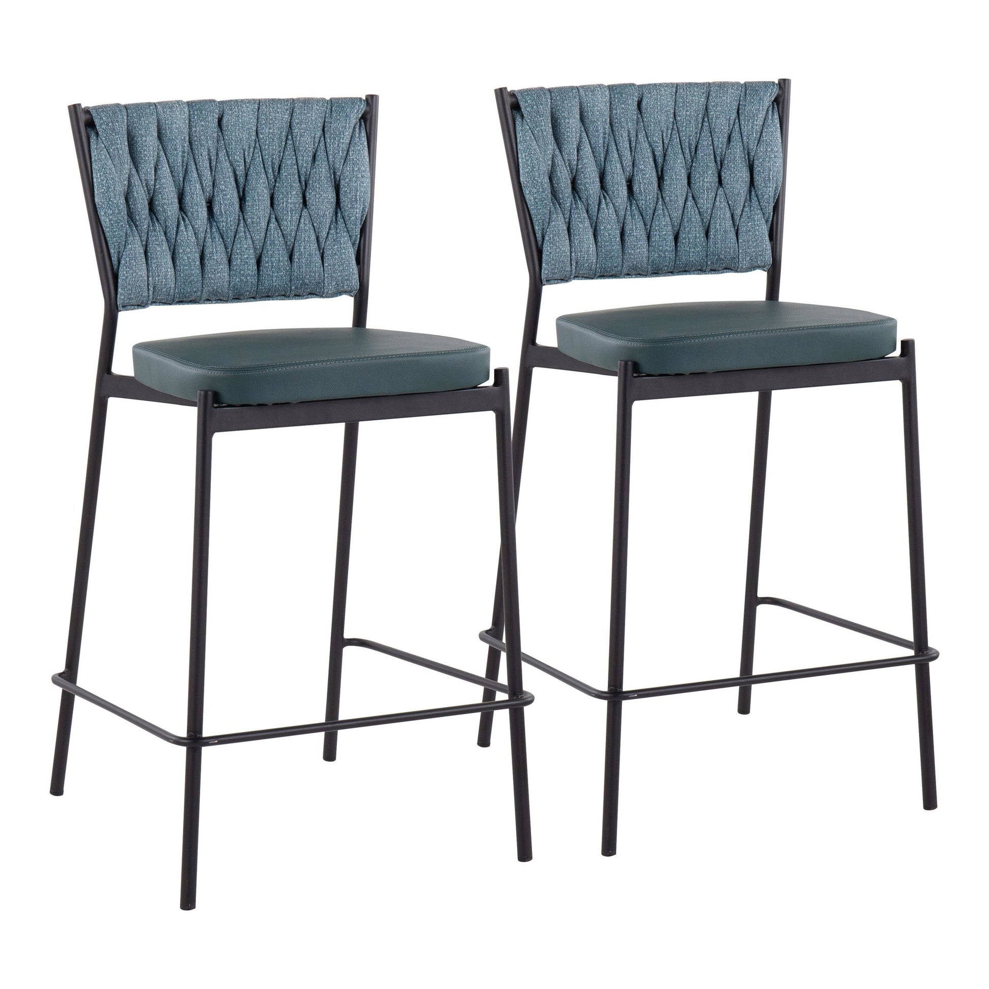 Braided Tania Contemporary Counter Stool in Black Metal, Green Faux Leather, and Sea Green Fabric By LumiSource - Set of 2 | Counter Stools | Modishstore - 2