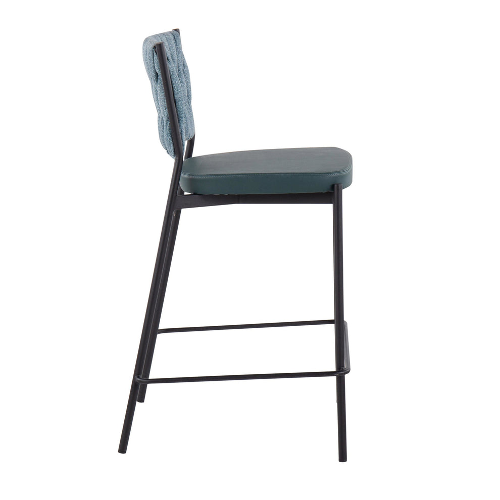 Braided Tania Contemporary Counter Stool in Black Metal, Green Faux Leather, and Sea Green Fabric By LumiSource - Set of 2 | Counter Stools | Modishstore - 8
