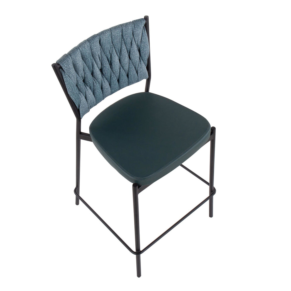 Braided Tania Contemporary Counter Stool in Black Metal, Green Faux Leather, and Sea Green Fabric By LumiSource - Set of 2 | Counter Stools | Modishstore - 4