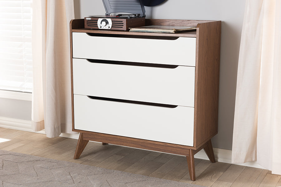 Baxton Studio Brighton Mid-Century Modern White and Walnut Wood 3-Drawer Storage Chest | Modishstore | Drawers