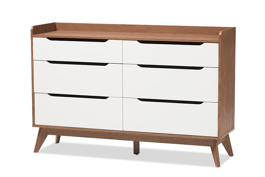 walnut white dresser Baxton Studio Brighton Mid-Century Modern White and Walnut Wood 6-Drawer Storage Dresser