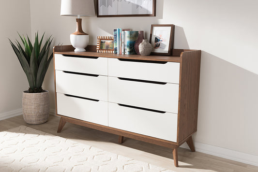 Baxton Studio Brighton Mid-Century Modern White and Walnut Wood 6-Drawer Storage Dresser | Modishstore | Drawers