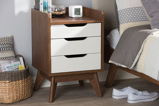 Baxton Studio Brighton Mid-Century Modern White and Walnut Wood 3-Drawer Storage Nightstand | Modishstore | Nightstands