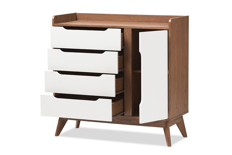 baxton studio brighton mid century modern white and walnut wood storage shoe cabinet | Modish Furniture Store-3