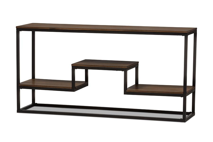 baxton studio doreen rustic industrial style antique black textured finished metal distressed wood console table | Modish Furniture Store-2