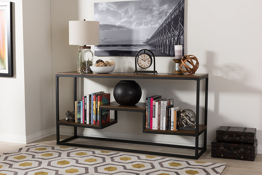 Baxton Studio Doreen Rustic Industrial Style Antique Black Textured Finished Metal Distressed Wood Console Table | Modishstore | Console Tables
