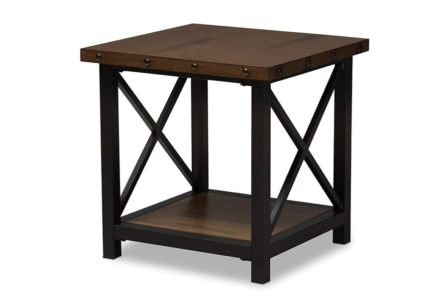 baxton studio herzen rustic industrial style antique black textured finished metal distressed wood occasional end table | Modish Furniture Store-3
