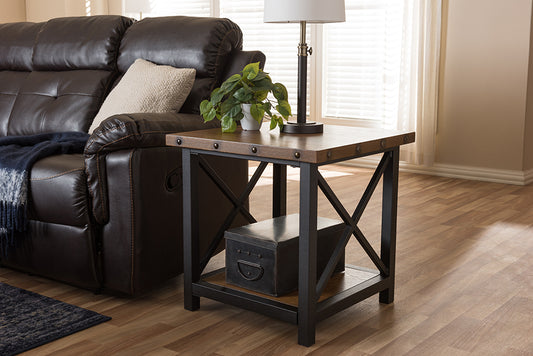 Baxton Studio Herzen Rustic Industrial Style Antique Black Textured Finished Metal Distressed Wood Occasional End Table | Modishstore | End Tables