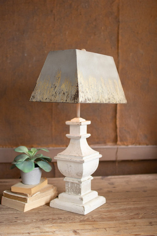 Table Lamp With Painted Wooden Base And Rectangle Metal Shade by Kalalou | Modishstore | Table Lamps