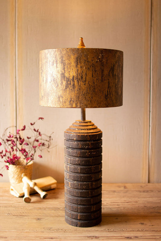 Tall Wooden Table lamp With Antique Gold Metal Shade By Kalalou | Modishstore | Table Lamps