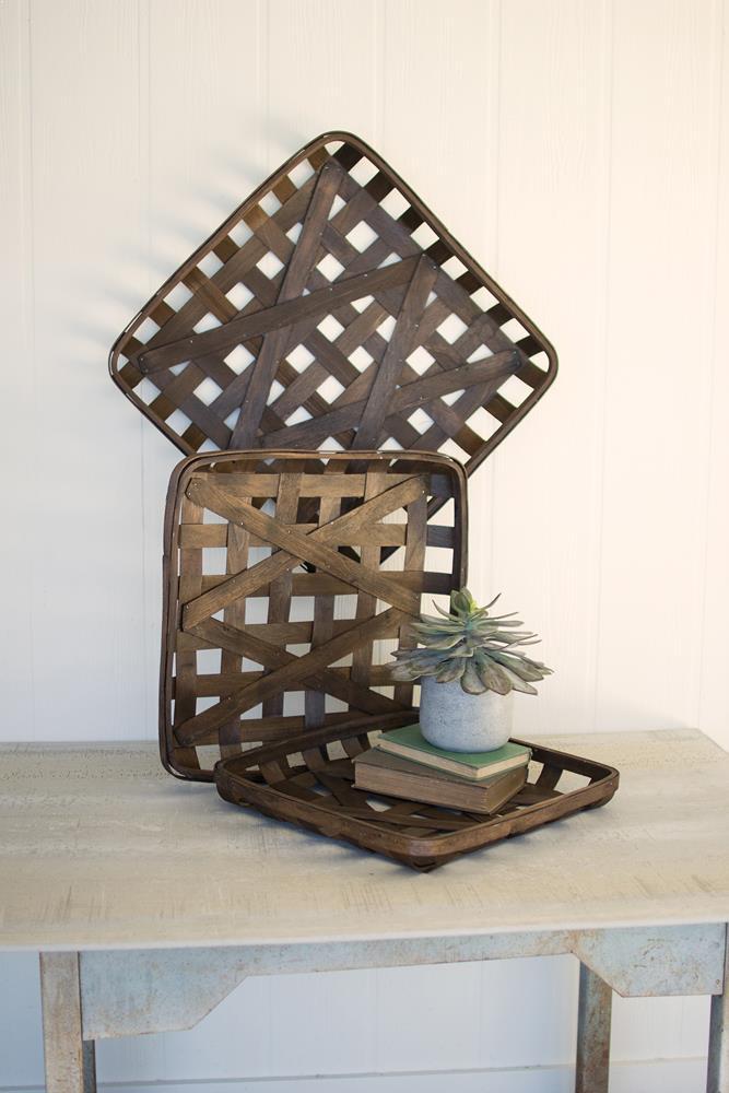 Kalalou Dark Brown Square Woven Split Wood Baskets - Set Of 3 | Modishstore | Trays