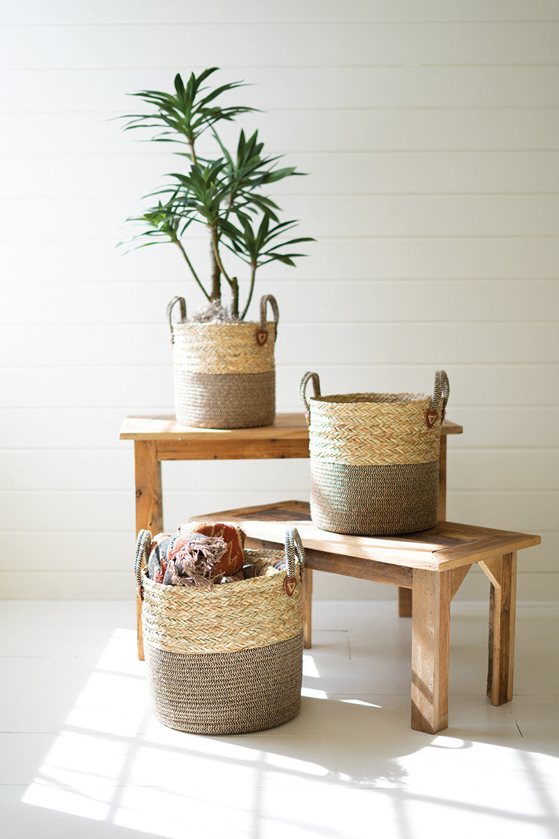 Set 3 Woven Round Seagrass Baskets W Brown Base And Handles By Kalalou | Bins, Baskets & Buckets | Modishstore | CCH1175