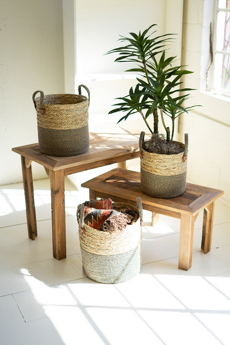 Set 3 Woven Round Seagrass Baskets W Brown Base And Handles By Kalalou | Bins, Baskets & Buckets | Modishstore | CCH1175 - 2