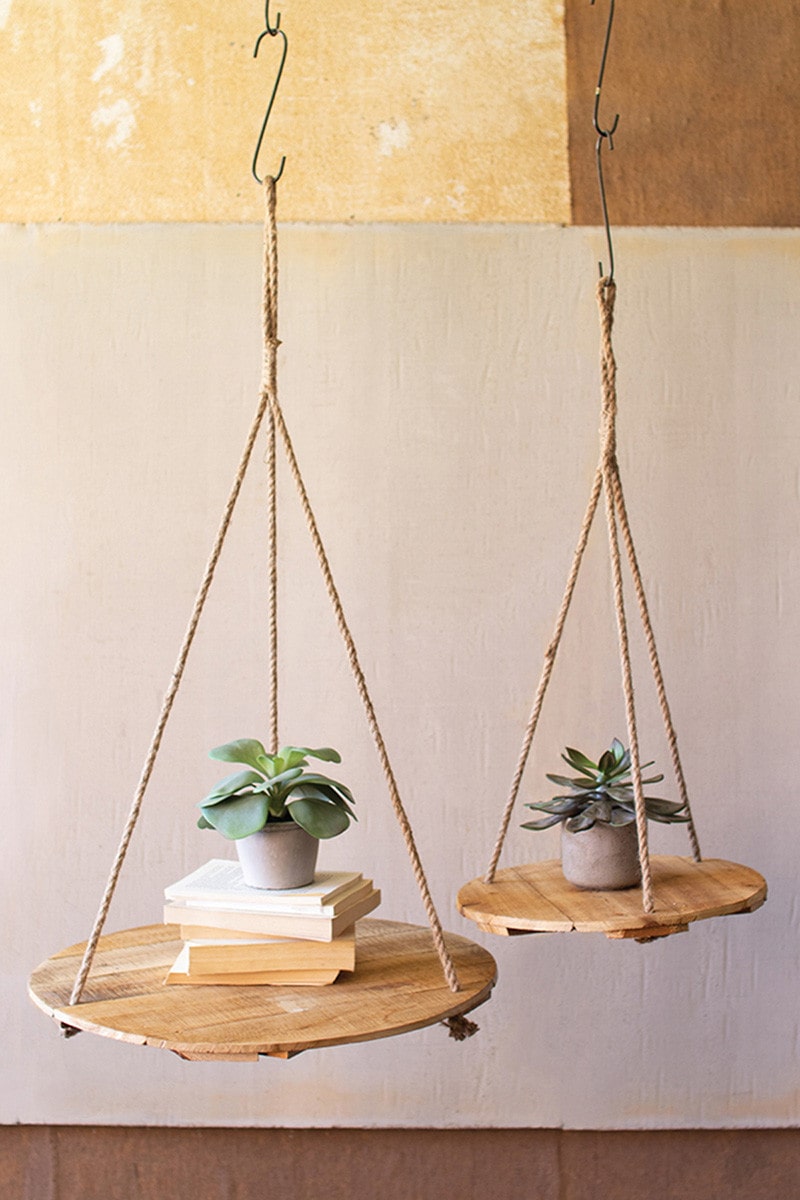 Round Recycled Wood Display With Jute Rope by Kalalou | Modishstore | Wall Shelf