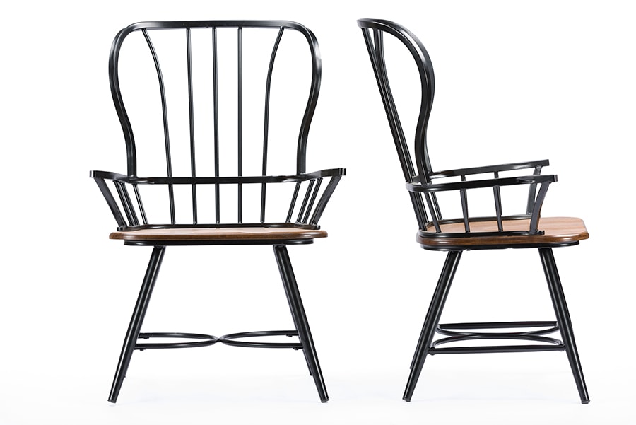 baxton studio longford dark walnut wood and black metal vintage industrial dining arm chair set of 2 | Modish Furniture Store-2