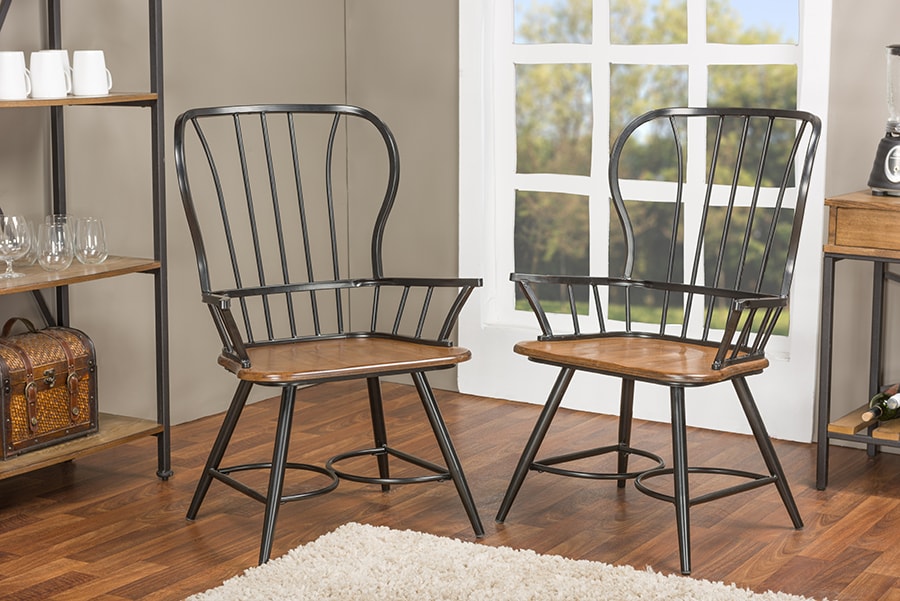 Baxton Studio Longford "Dark-Walnut" Wood and Black Metal Vintage Industrial Dining Arm Chair (Set of 2) | Modishstore | Armchairs
