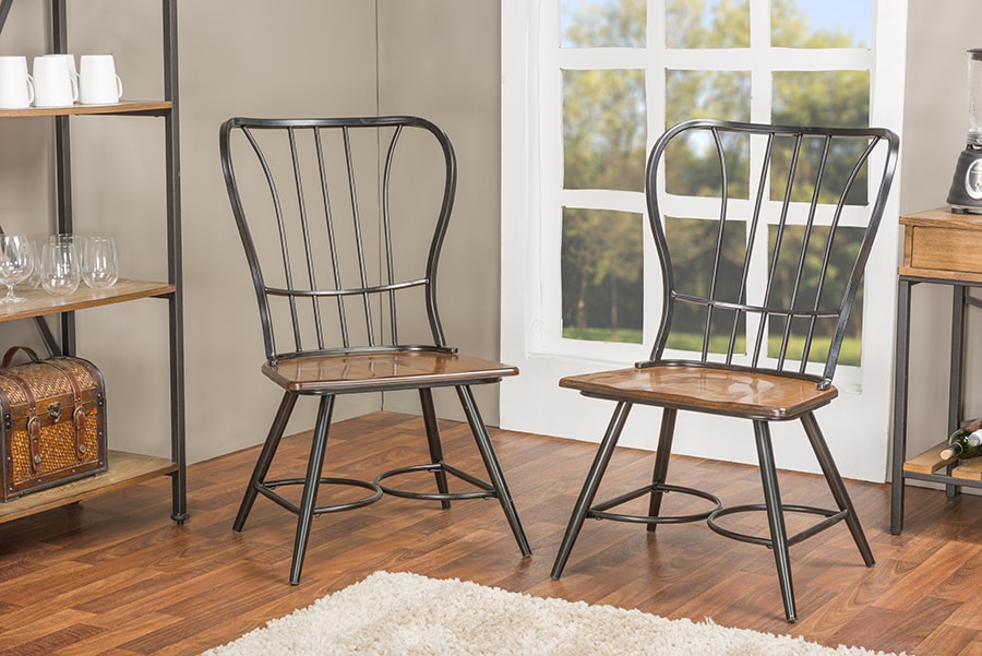 Baxton Studio Longford "Dark-Walnut" Wood and Black Metal Vintage Industrial Dining Chair (Set of 2) | Modishstore | Dining Chairs