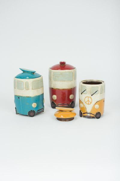 Kalalou Set Of 3 Ceramic Van Canisters With Surfboard Handles | Modishstore | Jars & Canisters