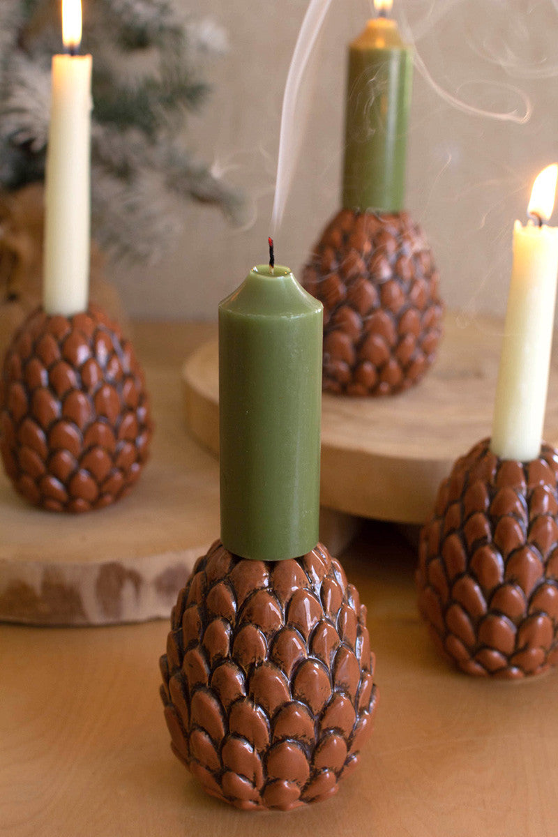 Ceramic Pinecone Taper Candle Holders By Kalalou