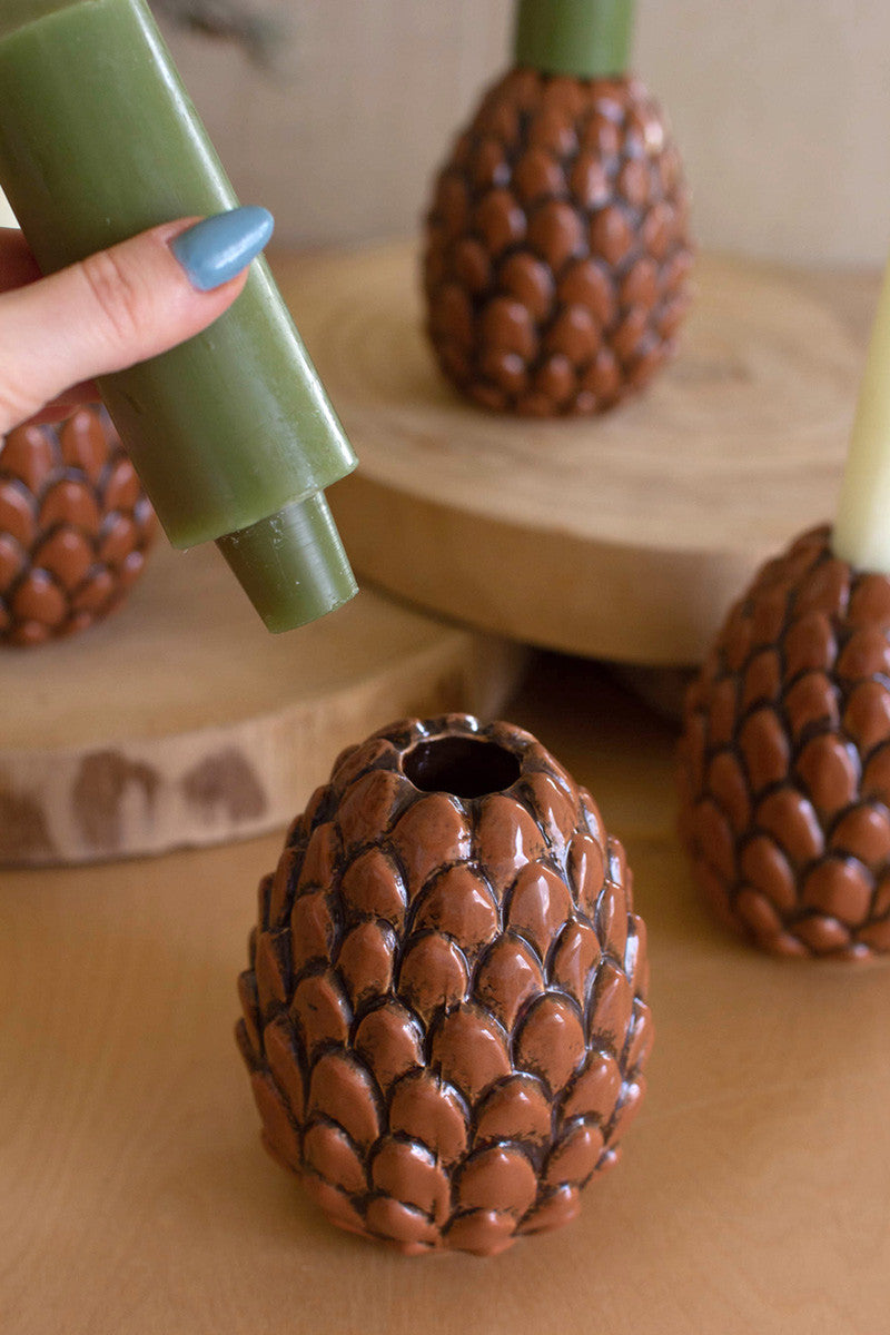 Ceramic Pinecone Taper Candle Holders By Kalalou