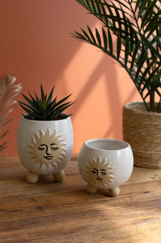 Set Of Two Ceramic Sun Face Planters With Ball Feet By Kalalou | Planters, Troughs & Cachepots | Modishstore