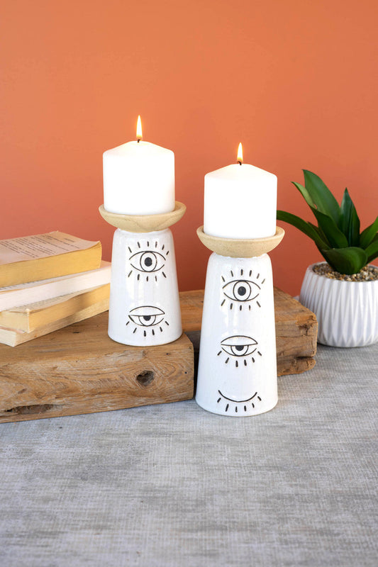 Set Of Two Ceramic Candle Holders With Eyes Detail By Kalalou | Candle Holders | Modishstore