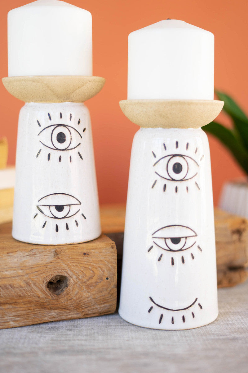 Set Of Two Ceramic Candle Holders With Eyes Detail By Kalalou | Candle Holders | Modishstore - 2