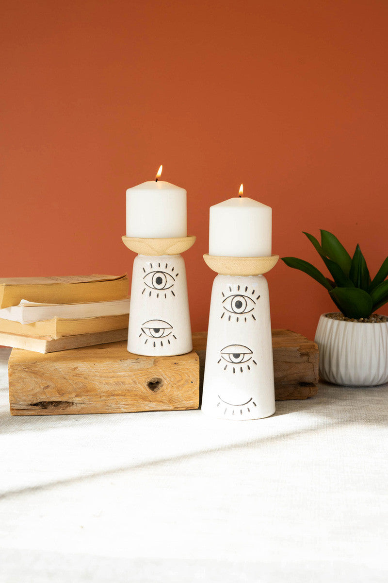 Set Of Two Ceramic Candle Holders With Eyes Detail By Kalalou | Candle Holders | Modishstore - 3