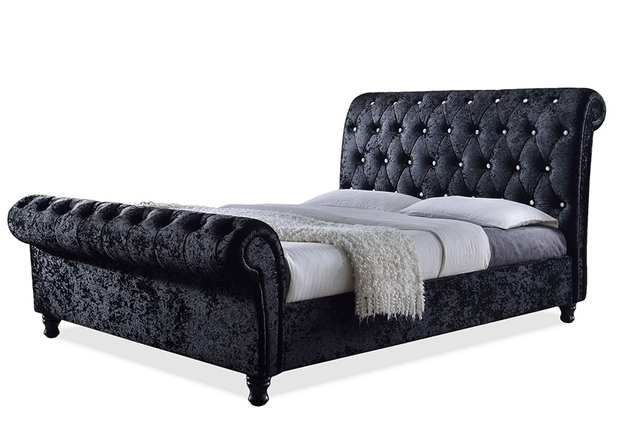 baxton studio castello black velvet upholstered faux crystal buttoned sleigh king platform bed | Modish Furniture Store-2