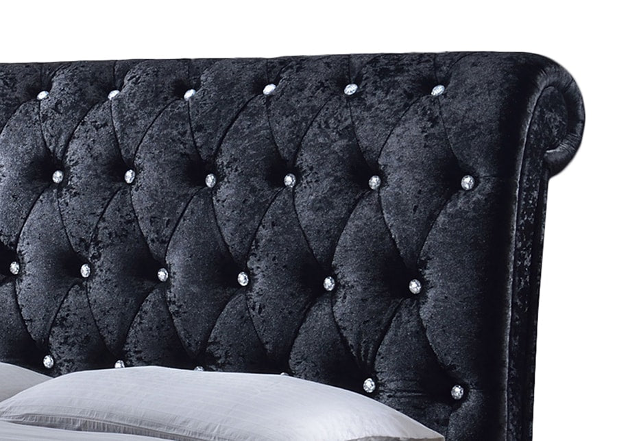 baxton studio castello black velvet upholstered faux crystal buttoned sleigh king platform bed | Modish Furniture Store-3