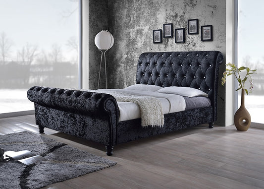 Baxton Studio Castello Black Velvet Upholstered Faux Crystal-Buttoned Sleigh King Platform Bed | Modishstore | Beds