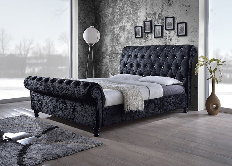 Baxton Studio Castello Black Velvet Upholstered Faux Crystal-Buttoned Sleigh Queen Platform Bed | Modishstore | Beds