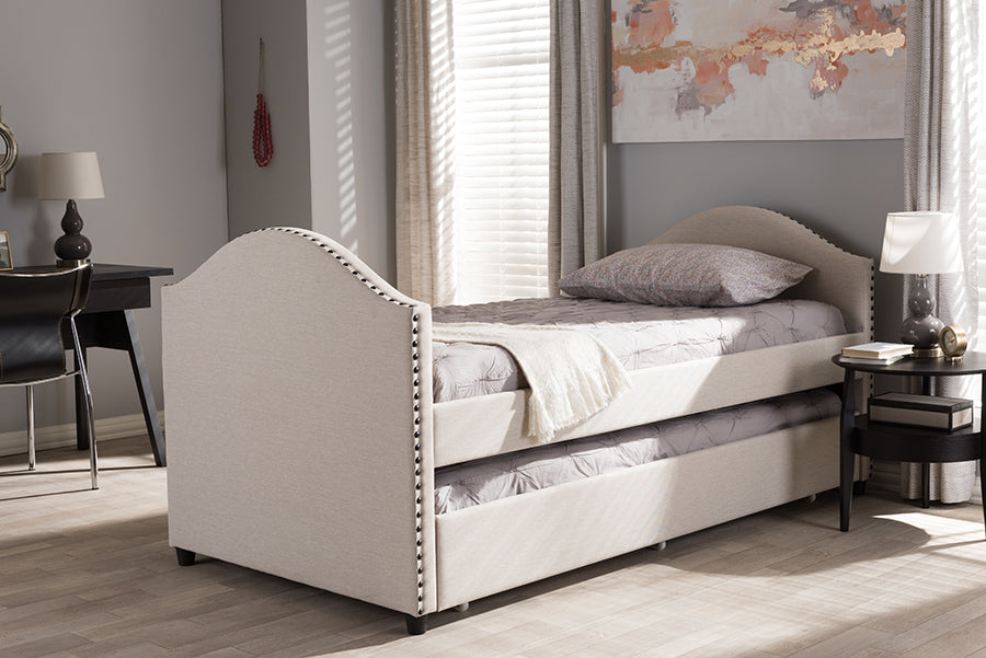 Baxton Studio Alessia Modern and Contemporary Beige Fabric Upholstered Daybed with Guest Trundle Bed | Modishstore | Daybeds