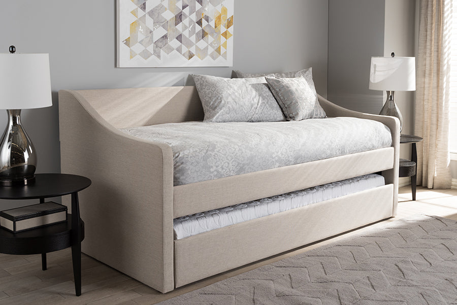 Baxton Studio Barnstorm Modern and Contemporary Beige Fabric Upholstered Daybed with Guest Trundle Bed | Modishstore | Daybeds