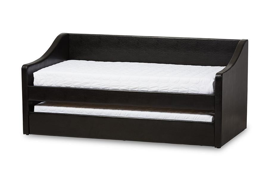 baxton studio barnstorm modern and contemporary black faux leather upholstered daybed with guest trundle bed | Modish Furniture Store-3